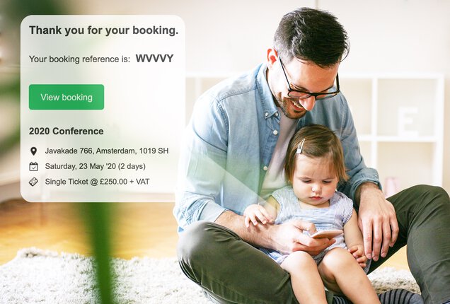Father reading Bookwhen event booking confirmation email.