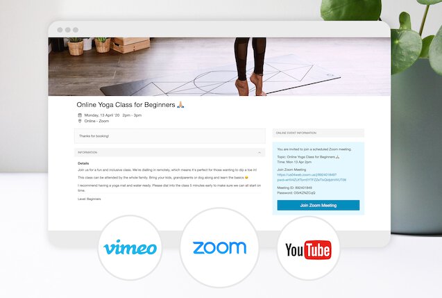 Bookwhen online class booking page with Zoom, Vimeo and YouTube.